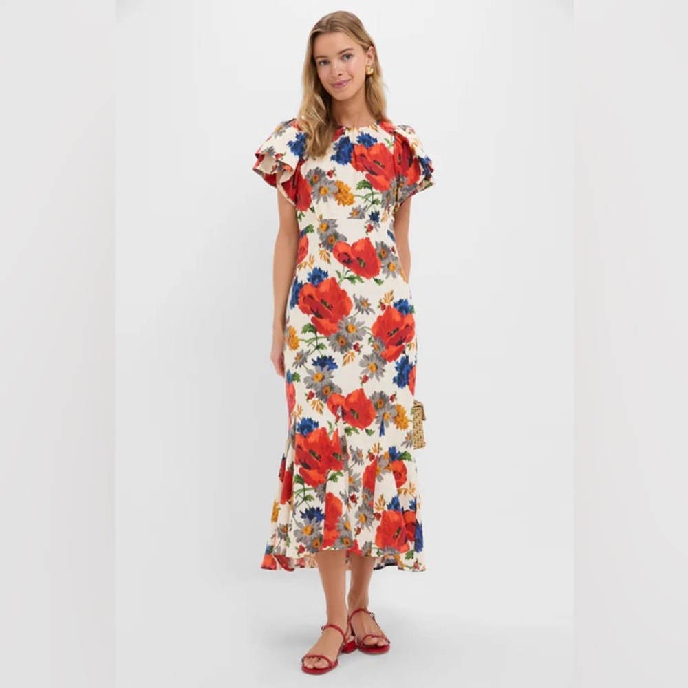 NWT Tuckernuck Floral Puff Sleeve Midi Dress - Red, Blue, Orange - Picture 2 of 8